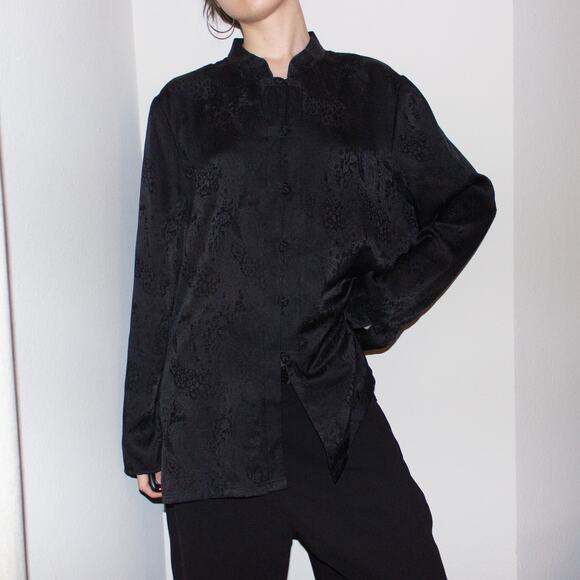 vintage 90s black silk asian mandarin collar frog closure tunic shirt blouse top - Picture 4 of 9